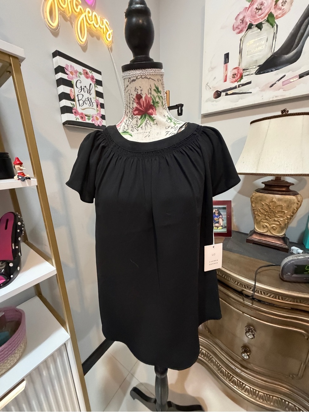 LC Lauren Conrad Black Short-Sleeve Smocked-Neck Blouse - Picture 5 of 14